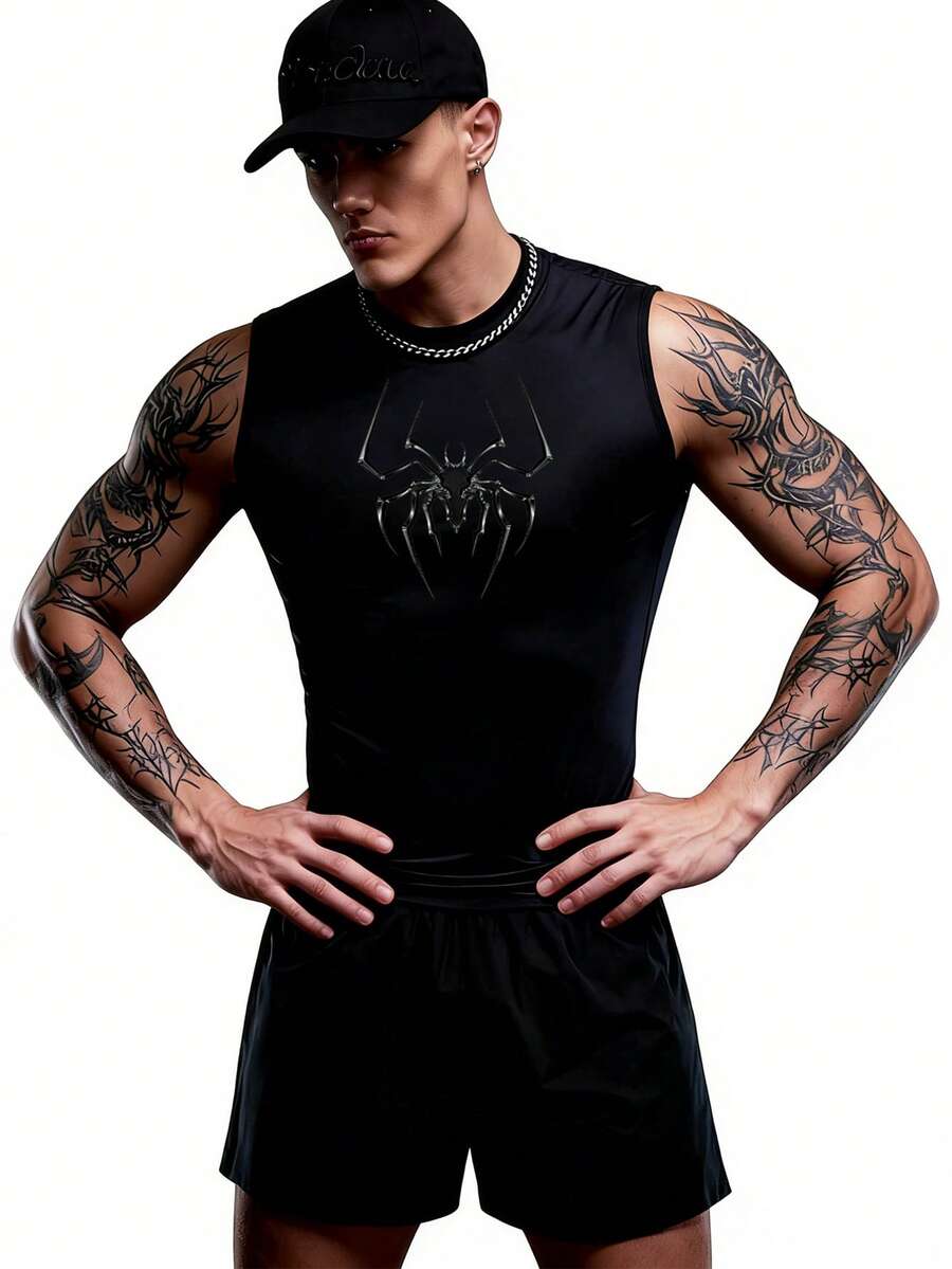 Gym Rark 男士休闲蜘蛛印花运动背心,夏季男士压缩衣 - 黑色 - 查看 1