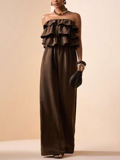 Zivah 女性用 無地 フリルヘム パッチワーク ヴィンテージ カジュアル ジャンプスーツ パレッツォパンツ