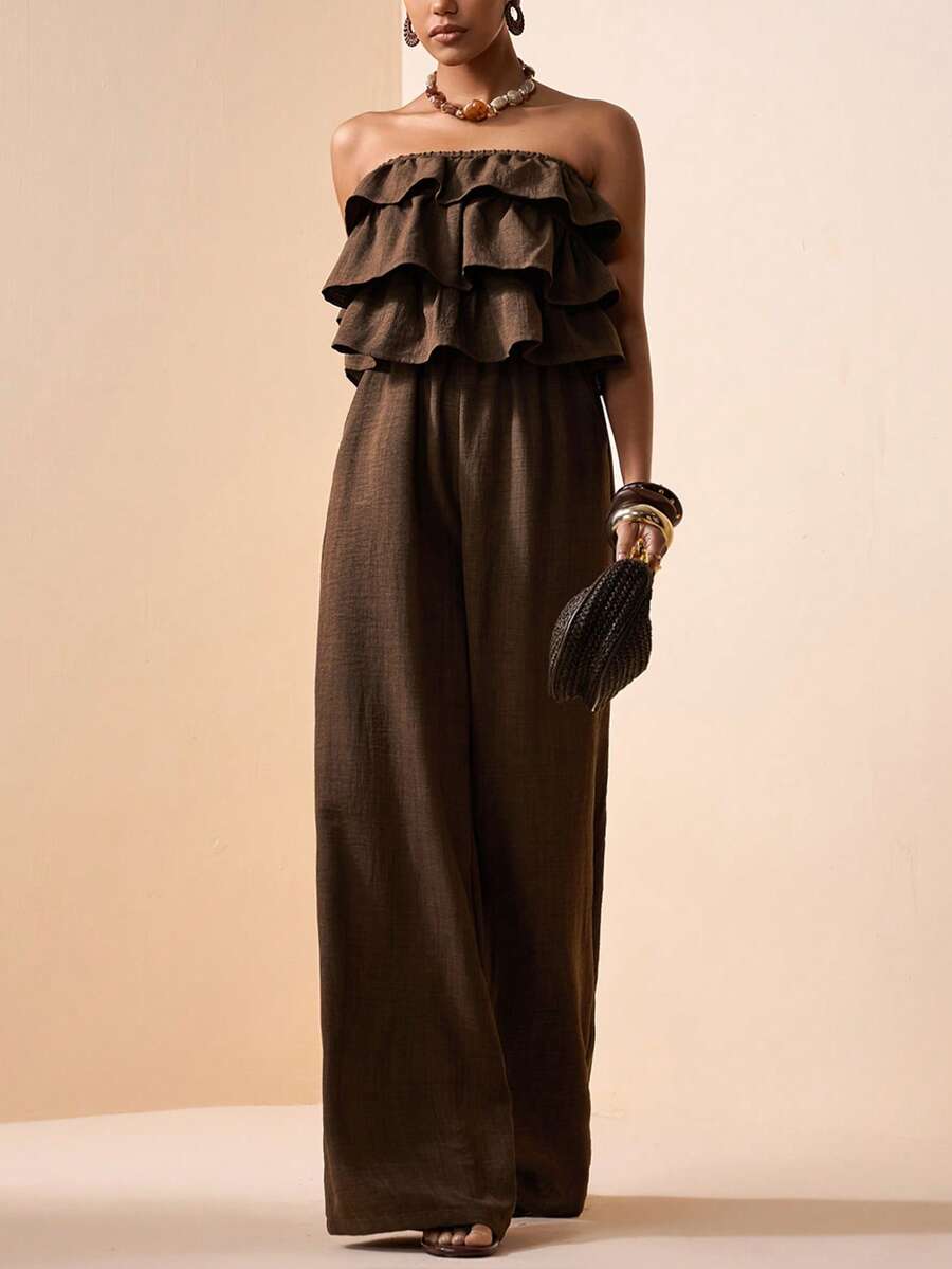 Zivah 女士纯色荷叶边拼接复古休闲连体裤阔腿裤