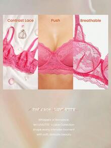 LUVLETTE Woman Lingerie Lounge Curve Balconette Push Up & Breathable Underwire Sexy Unlined Pink Lace Elegance Minimizer Bra Bridal Intimates Romantic Valentine's Day Gifts Bra - Watermelon Pink - View 7