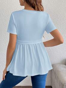 SHEIN Süßes bedrucktes Strick-Rundhals Kurzarm T-Shirt für schwangere Frauen - Babyblau - Übersicht 2