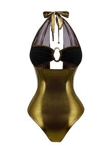 Swim SXY Women's One-Piece Swimsuit, 2026 New High-End Design, Metallic Accents, Halter Neck, Backless, Bodycon Fit, Suitable For Beach, Pool Party, Vacation - Bronze - View 8