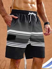 Manfinity Swimmode Plus Size Men's Summer Vacation Style Contrast Stripe Print Drawstring Waist Loose Beach Shorts - Black - View 4
