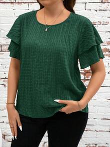 SHEIN Clasi Plus Size Summer Casual Solid Color Textured Short Sleeve Shirt, Summer Tops - Green - View 6