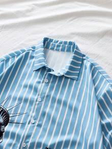 AXEPEAK Men's Summer Casual Striped Sculpture Print Front Button Short Sleeve Shirt - Multicolor - View 3