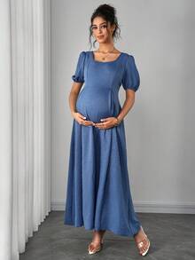 SHEIN Vestido de maternidad elegante y romántico con hombro asimétrico, cintura fruncida y silueta en línea A - Azul - Ver 7