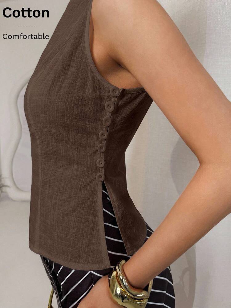 Lavishia Sleeveless Linen White Bamboo Knot Button Slim Fit Office Vintage Shirt - Coffee Brown - View 7