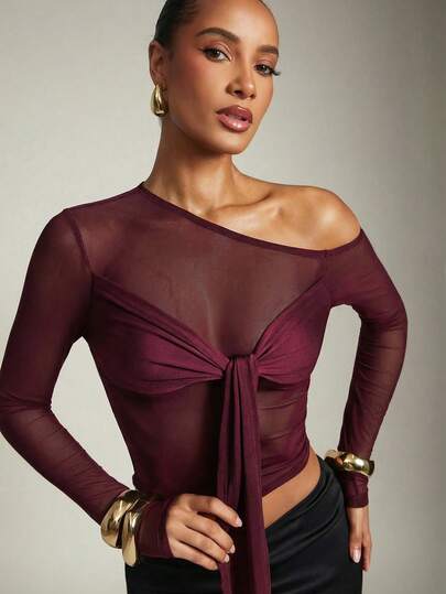 Hauture Women's Solid Color Asymmetric Shoulder Mesh Knotted Front Fitted Sexy Blouse
