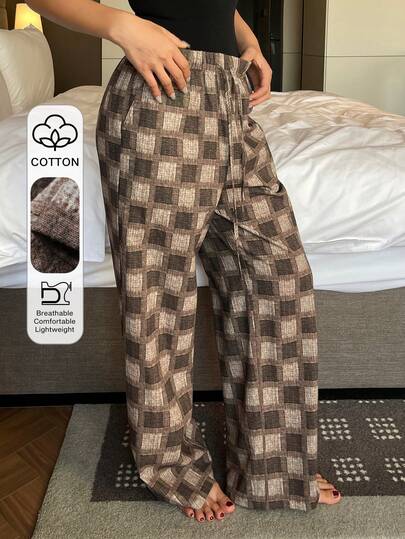 DAZY 女士格子宽松弹力腰斜插口袋睡裤