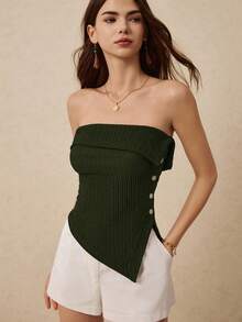 Poéselle 度假休闲纯色侧开衩抹胸上衣 - 軍綠色 - 查看 2