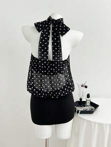 Elamini Black Polka Dot Print High Neck Halter Backless Mini Dress, Women's Spring/Summer , Vacation, Retro, Elegant, Commute, Office, Minimalist, Versatile - Black - View 2