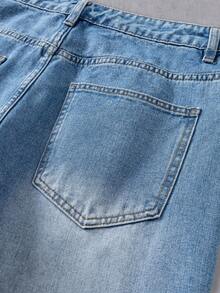 Manfinity Denimwave 秋冬季年轻街头风水洗蓝色直筒宽松花卉植物刺绣牛仔裤 - 藍色 - 查看 5