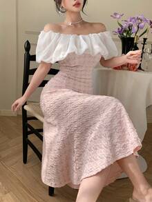 DAZY Women's Sexy & Elegant Off-Shoulder Contrast Ruffle Houndstooth Jacquard Mermaid Hem Fitted Dress - Pink - View 2