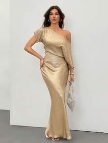 SHEIN Tall 秋冬季纯金色纹理不对称肩部上衣，金色女士衬衫，秋季斜肩上衣，适合夜店派对、外出、秋季女装、复古风格、工作/办公室、商务休闲女装、女士办公室晚装 - 金色 - 查看 5