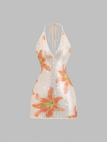 Sweetra Women's New Elegant Romantic Floral & Sequin Print V-Neck Backless Tie Strap Mini Dress, Suitable For Vacation, Party, Gathering, Spring/Summer