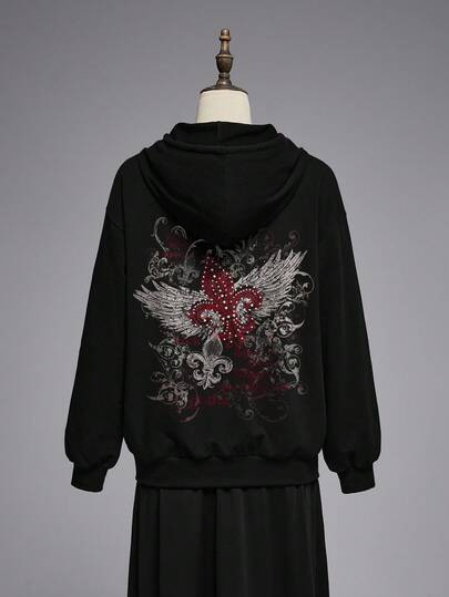 ROMWE Grunge Punk 朋克音乐节春季口袋藤蔓街复古拉链连帽衫（女款）