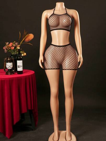 SHEIN 2pcs Women Sexy Fishnet Camisole Bra And Shorts Set For Going Out