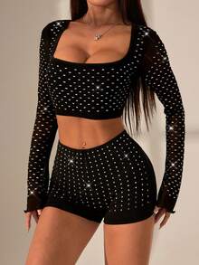 SHEIN PETITE 女士高腰水钻设计紧身短裤，新年女士连衣裙，亮片短裤，派对女士连衣裙，圣诞派对女士连衣裙，新年夜连衣裙，新年服装 - 黑色 - 查看 5