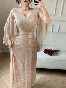 DAZY Women's Elegant Sequin V-Neck Ruffle Sleeve Dress, Summer Carnival Wedding Guest Dress Sparkly Dress Maxi Dress Sundress - Apricot - View 7