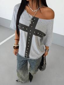 StreetHx Casual Versatile Grey Cross Rivet Pattern Loose Fit Crew Neck Short Sleeve T-Shirt, Spring/Autumn Studded Top - Light Grey - View 6