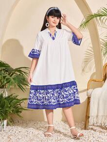 Tween Girls Blue And White Bohemian Notched Neck Midi Dress With Flounce Sleeves, Flared Hem Ruffle Details, Perfect For Vacation - Blue and White - View 4