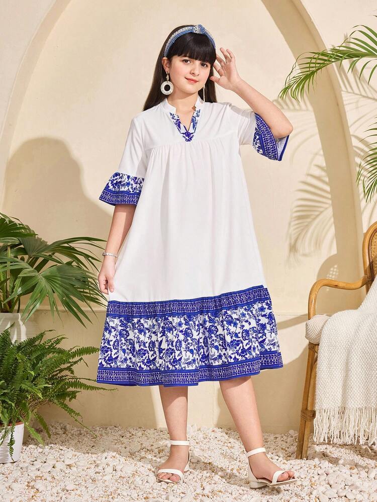 Tween Girls Blue And White Bohemian Notched Neck Midi Dress With Flounce Sleeves, Flared Hem Ruffle Details, Perfect For Vacation - Blue and White - View 4
