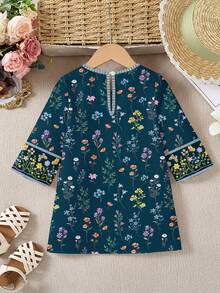 SHEIN Baby Girl Floral Print V-Neck Long Sleeve Loose Casual Minimalist Dress - Multicolor - View 7