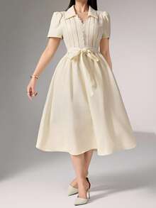 Heiryn Plus Size Women Contrast Lace Puff Sleeve Elegant Dress - Apricot - View 5