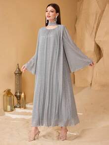 Al Najma 女士亮面宽松宴会礼服，优雅长款垂坠效果连衣裙 - 灰色 - 查看 4