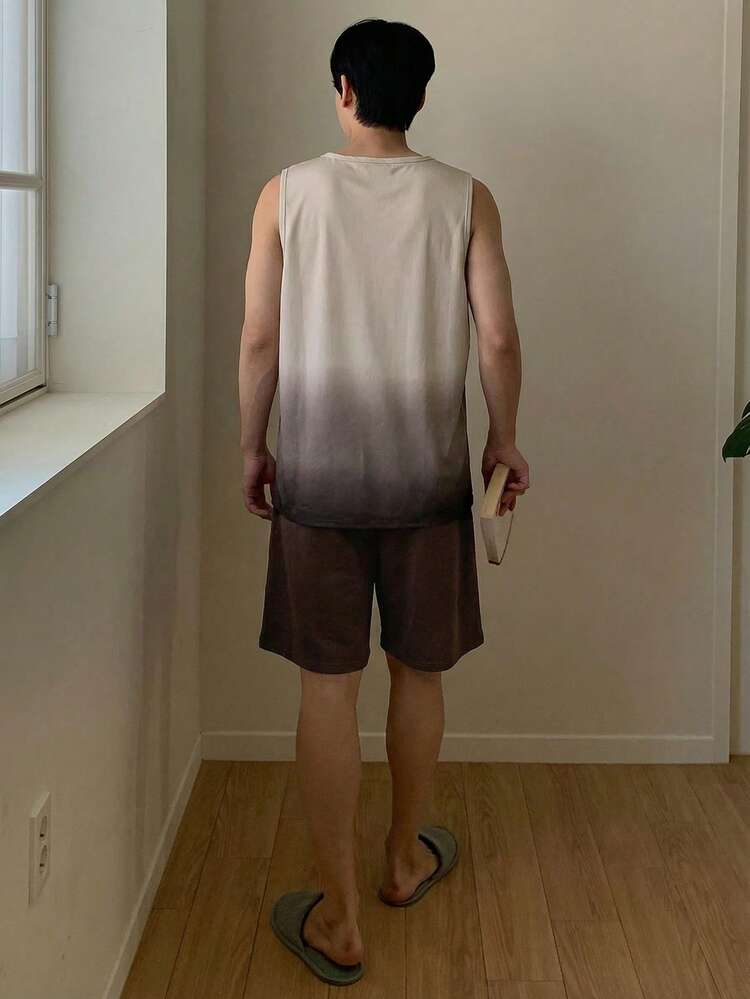 Men's Ombre Color Sleeveless Top And Shorts Pajama Set, Summer