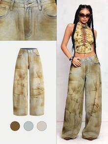 ROMWE Hippie Jeans en denim vintage à taille basse, délavé, à jambes larges et amples, style casual - Multicolore - Voir 7