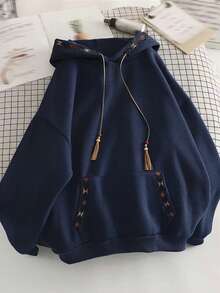 Resyla 大码口袋刺绣连帽休闲长袖套头衫 - 藍色 - 查看 1