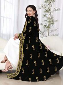Al Najma 一件舒适保守的长款睡袍，传统印花复古连衣裙/碎花连衣裙，适合女性日常穿着、约会、休闲、派对、节日等场合。女士连衣裙，植物印花连衣裙，黑色连衣裙 - 黑色 - 查看 4