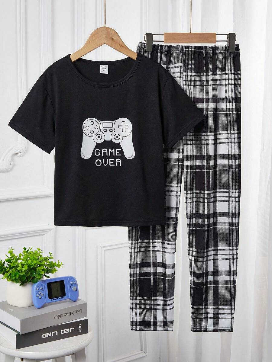 Boys Big Kids Loungewear Set - Four Season Black Short Sleeve Top Classic Gaming Console Placement Print And Black White Plaid All-Over Print Long Pants - Perfect Boys Home Pajama Set - Multicolor - View 1