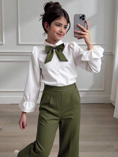 SHEIN Set de 2 piezas: Blusa de manga larga con bloques de color y decoración de moño, y pantalones para niñas, para primavera/otoño