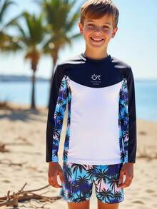 SHEIN Boys' Printed 2 Pieces Casual Vacation Pattern Long Sleeve Swimsuit And Swim Trunks