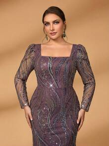 Serin Plus Size Elegant Purple Square Neck Puff Sleeve Sequin Mesh Mermaid Dress,Dusty Pink,Spring,Bridesmaid,Formal Party,Wedding Mother Of Bride Gown - Purple - View 2