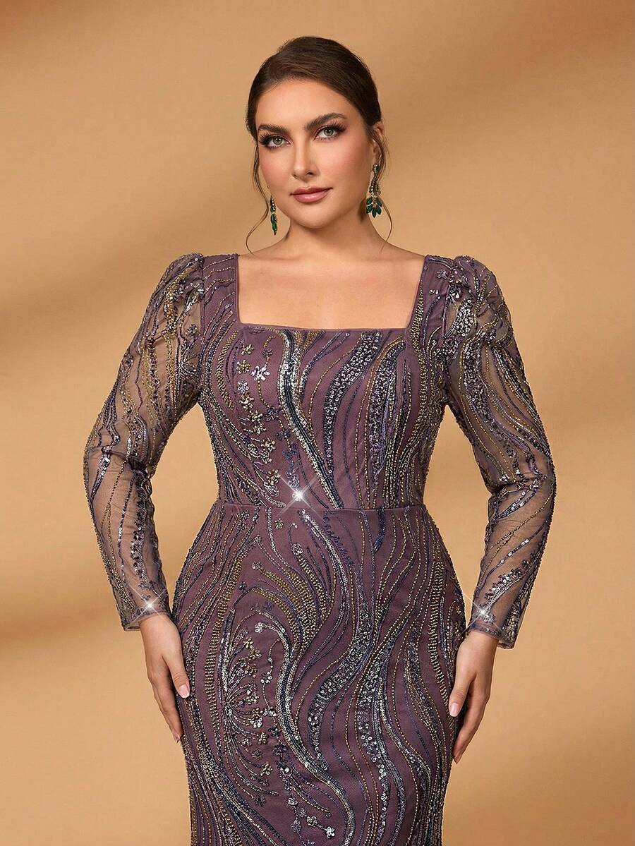 Serin Plus Size Elegant Purple Square Neck Puff Sleeve Sequin Mesh Mermaid Dress,Dusty Pink,Spring,Bridesmaid,Formal Party,Wedding Mother Of Bride Gown