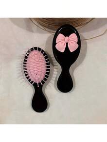 1个可爱卡通粉色蝴蝶结气囊梳，搭配奶泡按摩垫和便携式按摩迷你梳 - 黑色 - 查看 1