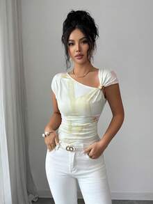 SHEIN Elenzya Áo kiểu bất đối xứng xếp ly nhuộm màu nước, thiết kế độc đáo với cúc kim loại trang trí, giúp thon gọn vòng eo, đa năng cho mùa hè, đi làm và dự tiệc. - Nhiều màu - Xem 6