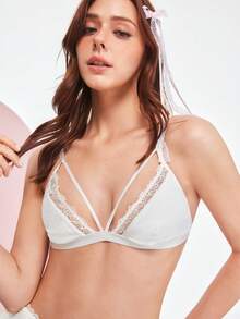 1件舒适简约蕾丝拼接无钢圈文胸 - 白色 - 查看 4