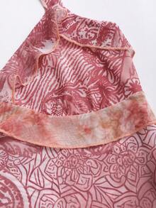 Sweetra 女士复古甜美休闲日常百搭时尚外出派对波西米亚风网纱佩斯利印花拼接网纱复古花卉多层荷叶边系带蝴蝶结迷你连衣裙，春夏款 - 彩色 - 查看 6