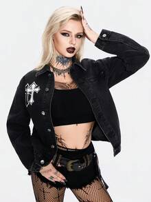 Breakform Chaqueta de mezclilla con estampado de cruz, estilo punk - Negro - Ver 3
