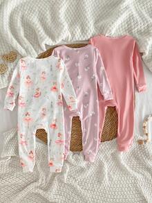 3pcs/Set Baby Girls' Cartoon Fairy Dancing Girl & Flower Print Jumpsuit, Long Sleeve Zipper Romper Pajamas Snug Fit Baby Girl Sleepwear Newborn Baby Girl Pajamas