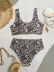 SHEIN Bộ bikini dệt kim họa tiết da báo và ngôi sao dành cho bé gái tuổi teen, đồ bơi thời trang, thanh lịch, phù hợp cho bơi lội, kỳ nghỉ, mùa hè. Bikini họa tiết da báo, bikini họa tiết động vật, đồ bơi họa tiết da báo cho tuổi teen, bikini cạp cao họa tiết da báo, bikini họa tiết da báo, bikini họa tiết động vật hai mảnh. - Màu vàng - Xem 3