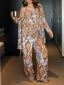 DAZY 3pcs/Set Print Robe, Camisole & Pants Pajama Set For Women, Vacation Style - Coffee Brown - View 7