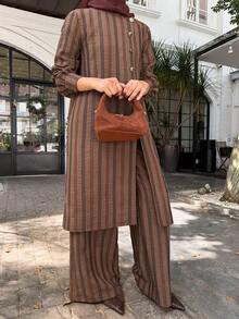 DAZY Women's Elegant Striped Oblique Collar Slit Long Shirt And Wide Leg Pants 2 Pieces Set, Spring/Summer - Coffee Brown - View 6