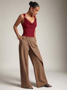 Hauture Women's Basic Casual Office Ruched Shoulder With Gold Decor Cowl Neck Top - Red - View 5