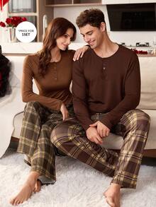 Men's Casual & Comfortable Plaid Print Button Crew Neck Long Sleeve Knit Loungewear Set, Suitable For Couples/Valentine's Day