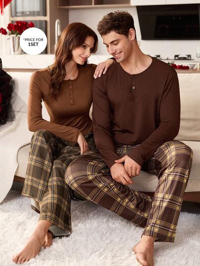 Men's Casual & Comfortable Plaid Print Button Crew Neck Long Sleeve Knit Loungewear Set, Suitable For Couples/Valentine's Day